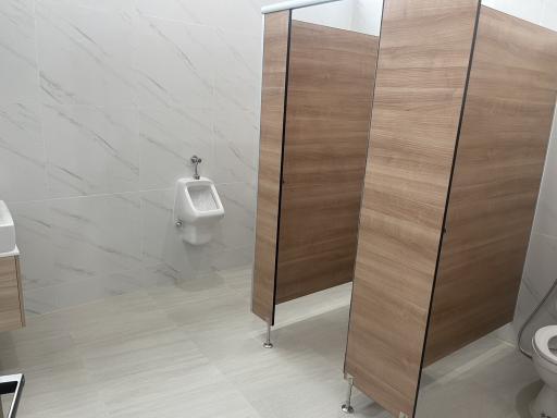 Modern bathroom with wooden privacy partitions and elegant tile flooring