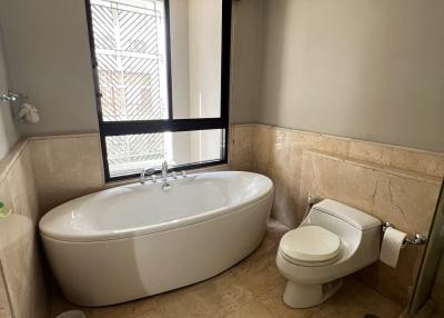 Bright bathroom with bathtub and large window