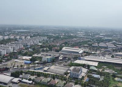 Aerial view of a residential and commercial district
