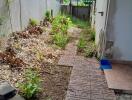 Narrow outdoor passageway with overgrown plants and walkway tiles