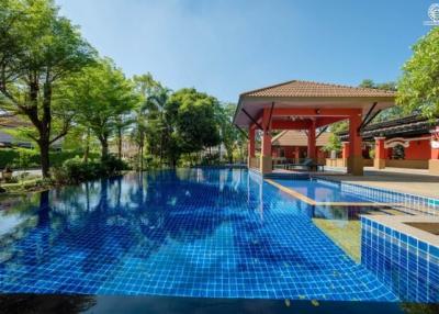 Luxurious outdoor swimming pool with adjacent covered patio area surrounded by lush greenery