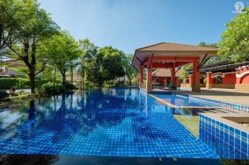 Luxurious outdoor swimming pool with adjacent covered patio area surrounded by lush greenery