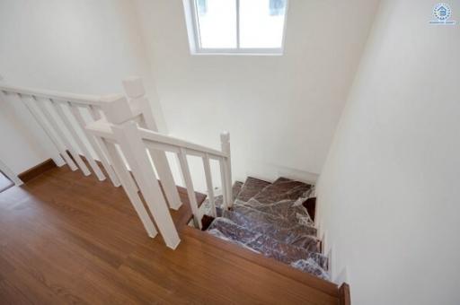 Bright and modern staircase with wooden steps and white rails