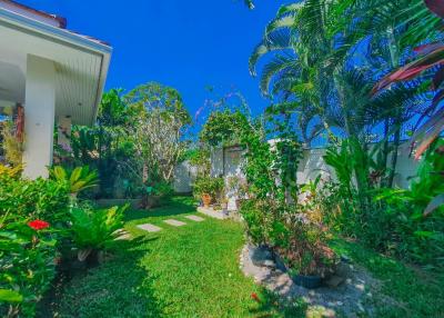 Lush green garden with tropical plants and a neatly manicured lawn