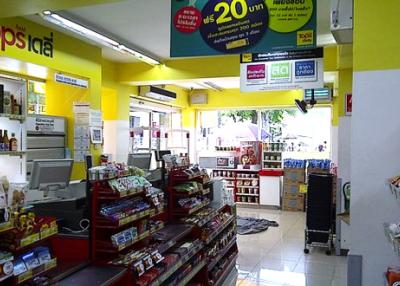 Brightly lit convenience store interior with product shelves