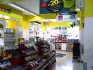 Brightly lit convenience store interior with product shelves