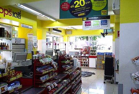 Brightly lit convenience store interior with product shelves