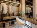 Modern walk-in closet with built-in wardrobes and an elegant chair