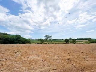 Expansive empty plot of land with a clear sky