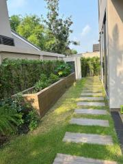 Beautiful garden walkway with wooden steps and lush greenery at a modern home