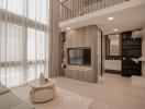 Modern living room with high ceiling and mezzanine