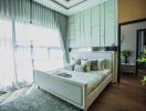 Spacious and modern bedroom with large bed and elegant interiors
