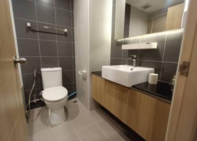 Modern bathroom with wooden cabinetry and tiled walls