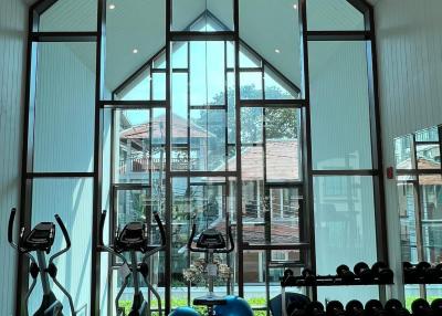 Modern home gym with large windows and cathedral ceiling