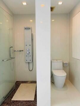 Modern bathroom with glass shower enclosure and white toilet