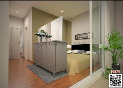 Modern bedroom with a glimpse from the doorway, featuring a large bed, dresser and houseplants