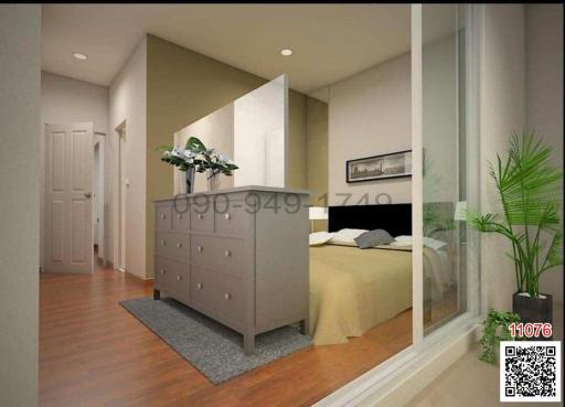 Modern bedroom with a glimpse from the doorway, featuring a large bed, dresser and houseplants