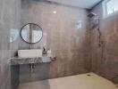 Modern bathroom interior with large tiled shower space