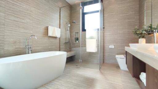 Modern bathroom with walk-in shower and freestanding bathtub