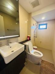 Modern bathroom interior with sink, toilet, and shower