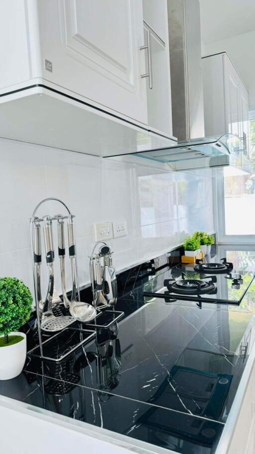 Modern kitchen with white cabinetry and black countertop