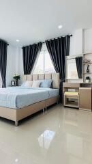 Modern bedroom with double bed and stylish interior design