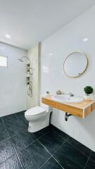 Modern bathroom with walk-in shower and elegant vanity