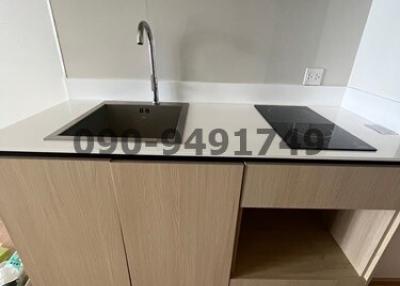 Modern kitchen with wooden cabinets and a dark countertop