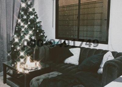 Cozy living room with a decorated Christmas tree and a comfortable sofa