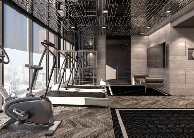 Modern home gym with exercise equipment and city view