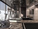 Modern home gym with exercise equipment and city view