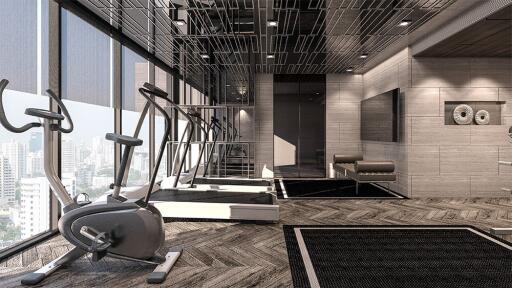 Modern home gym with exercise equipment and city view