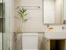 Modern bathroom interior with glass shower and wooden cupboard