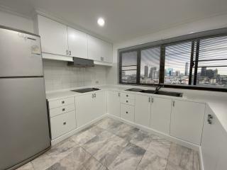 Modern kitchen with city view