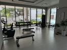 Modern gym facility with exercise equipment and a view of the swimming pool