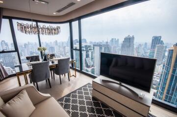 Modern living room with city skyline view