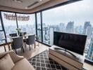 Modern living room with city skyline view