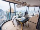 Modern dining area with office nook overlooking a city skyline