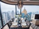 Elegant dining area with city skyline view through corner windows