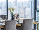 Elegant dining room with city skyline view