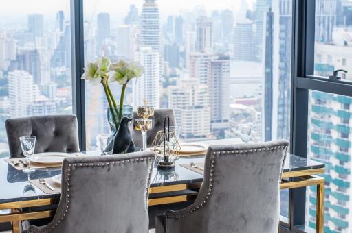 Elegant dining room with city skyline view