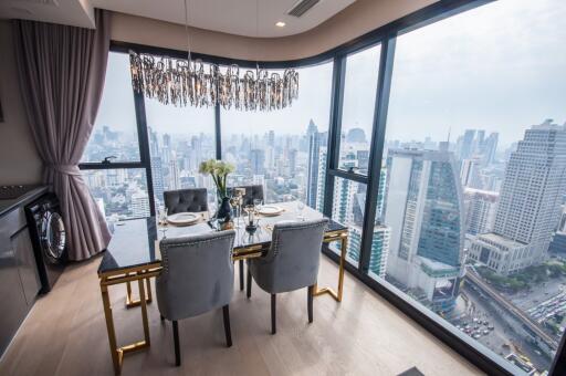 Modern dining area with skyline view