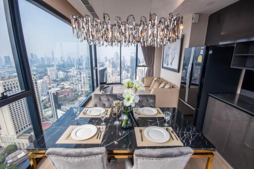 Elegant dining room with city skyline view