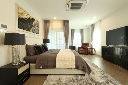 Modern bedroom with king-sized bed, contemporary furnishings, and elegant decor