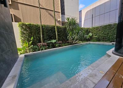 Private swimming pool area with lush garden and modern design