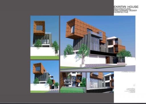 Architectural design renderings of a modern house with multiple projections and balconies