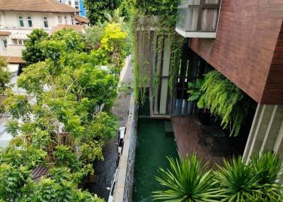 Lush outdoor area with greenery and water feature adjacent to buildings