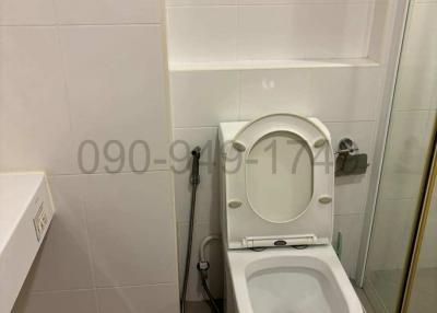 Modern white tiled bathroom with toilet and bidet shower