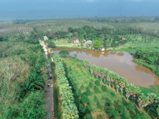 Aerial view of a property with expansive land, pond, and lush greenery