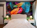 Colorful and artistic bedroom interior with vibrant wall mural